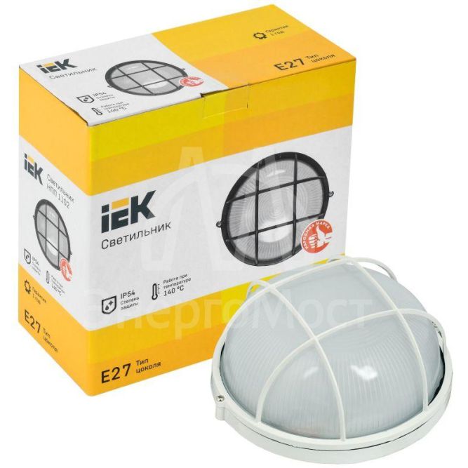 Светильник НПП 1102 100Вт E27 IP54 бел. круг с решеткой IEK LNPP0-1102-1-100-K01