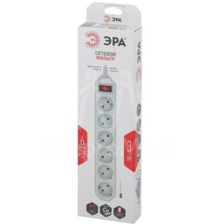 Удлинитель с сетевым фильтром 6х3м с заземл. 10А IP20 USF-6es-3m-W с выкл. с базов. защитой бел. Эра Б0037262