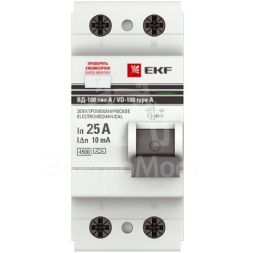 Выключатель дифференциального тока (УЗО) 2п 25А 10мА тип A ВД-100 (электромех.) PROxima EKF elcb-2-25-10-em-a-pro