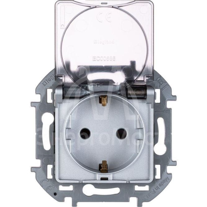 Розетка 1-м СП Inspiria 16А IP44 250В 2P+E защ. шторки с крышкой немецк. стандарт алюм. Leg 673742