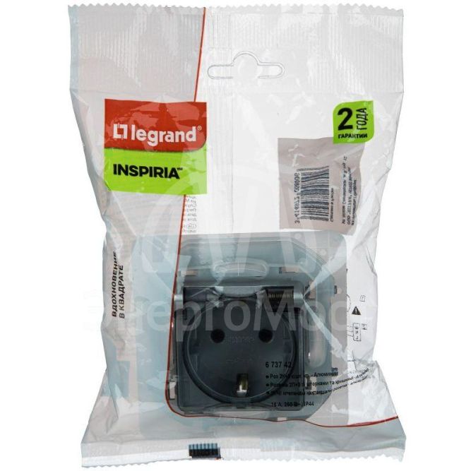 Розетка 1-м СП Inspiria 16А IP44 250В 2P+E защ. шторки с крышкой немецк. стандарт алюм. Leg 673742