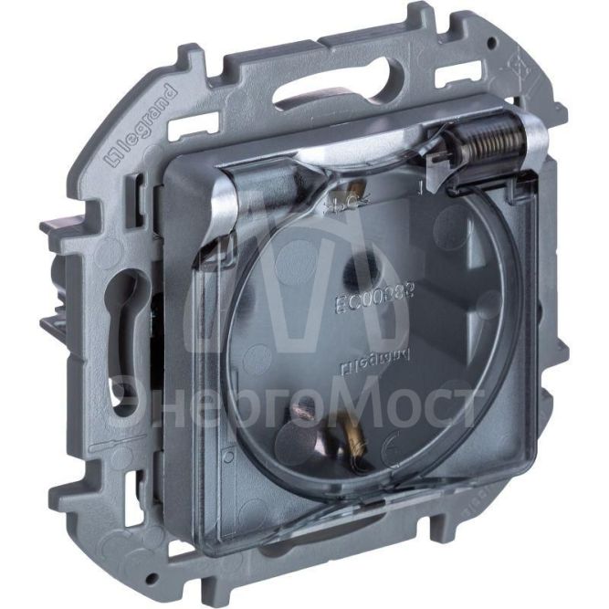 Розетка 1-м СП Inspiria 16А IP44 250В 2P+E защ. шторки с крышкой немецк. стандарт алюм. Leg 673742