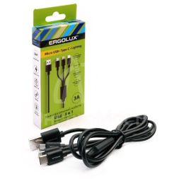 Кабель USB ELX-CDC05-C02 3в1- Micro USB-Lightning-Type C 3А 1.2м зарядка коробка черн. ERGOLUX 15099