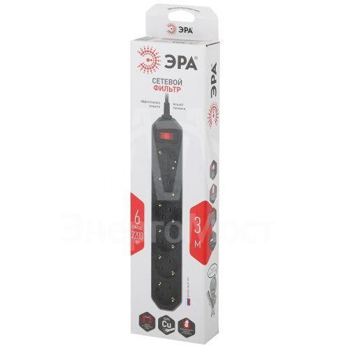 Удлинитель с сетевым фильтром 6х3м с заземл. 10А IP20 USF-6es-3m-B с выкл. с базов. защитой черн. Эра Б0037263