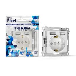 Розетка 1-м СП Pixel IP20 с заземл. с 2-мя заряд. устр. USB тип A+A механизм бел. TOKOV ELECTRIC TKE-PX-R1U2A-C01