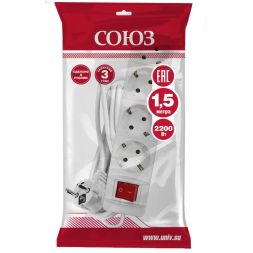 Удлинитель 4х1.5м с заземл. 10А IP20 2.2кВт ПВС 3х1 с выкл. бел. Союз 2789