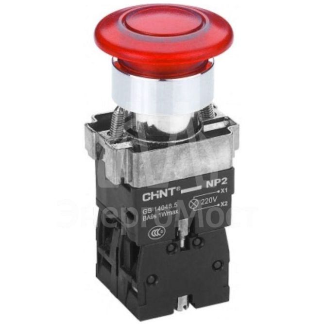 Кнопка управления &amp;quot;Грибок&amp;quot; d40мм с самовозвратом NP2-BW4462 с подсветкой красн. 1НЗ IP40 CHINT 575495