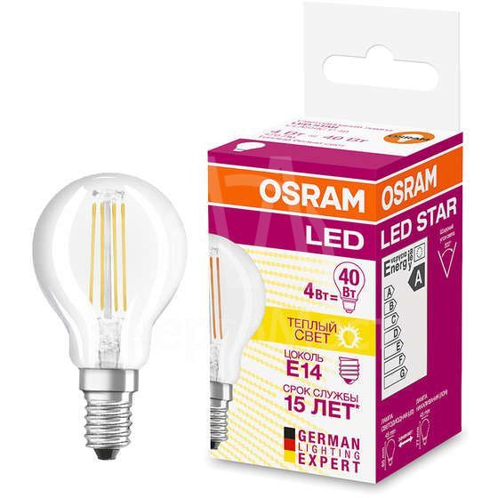 Лампа светодиодная филаментная LED STAR CLASSIC P 40 4W/827 4Вт шар 2700К тепл. бел. E14 470лм 220-240В прозр. стекл. OSRAM 4058075068377