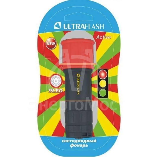 Фонарь LED15001-A (3XR03 светофор красн. с черн. 9 LED блистер) Ultraflash 10479