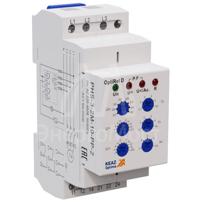 Реле контроля фаз OptiRel D PHS-3-2M-10-PP-2 универсальное 3Ф 2СО КЭАЗ 332003