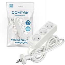 Удлинитель 3х1.5м без заземл. 10А IP20 2.2кВт ПВС 2х1 бел. DOMTOK 2349