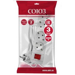 Удлинитель 4х3х10А IP20 2.2кВт ПВС 3х1 с выкл. бел. Союз 2790