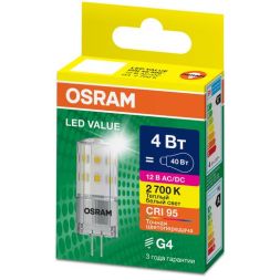 Лампа светодиодная LED G4 Value LVPIN40 4W/927 CRI95 4Вт 2700К 460лм капсульная прозр. G4 12-12В OSRAM 4610590510269