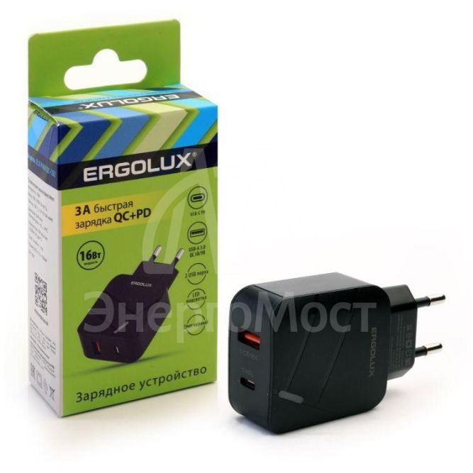 Адаптер сетевой ELX-РA01QC-C02 1USB+1Type C 100-220В 5-9В/3А QC коробка черн. ERGOLUX 15108