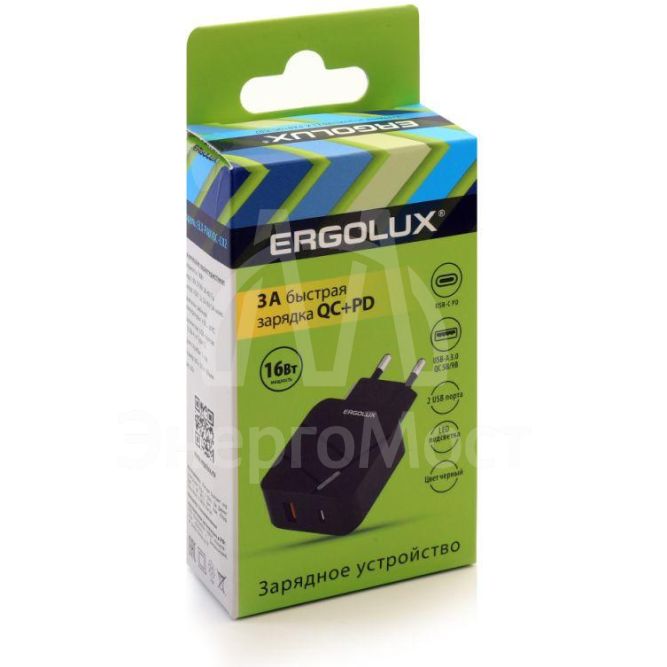 Адаптер сетевой ELX-РA01QC-C02 1USB+1Type C 100-220В 5-9В/3А QC коробка черн. ERGOLUX 15108