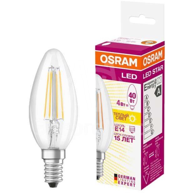 Лампа светодиодная филаментная LED STAR CLASSIC B 40 4W/827 4Вт свеча 2700К тепл. бел. E14 470лм 220-240В прозр. стекл. OSRAM 4058075068353