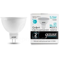 Лампа светодиодная Elementary MR16 5.5Вт 4100К бел. GU5.3 450лм 180-240В Gauss 16526 / 13526