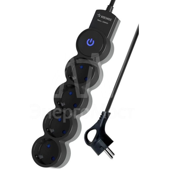 Удлинитель 4х5м ПВС 3х0.75 с защ. шторк. с заземл. IP20 с выкл. 220В 10А 2200Вт черн. КОСМОС YKsm5m-4g-Z-V10A-B