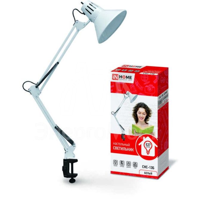 Светильник настольный под лампу СНС-13Б на струбцине 60Вт E27 бел. (коробка) IN HOME 4690612012728