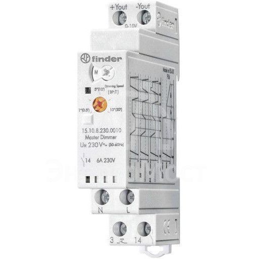 Диммер модульный ведущий электронный (Master) 4 функции сигнал 0-10В подключение до 32 ведомых диммеров (Slave) управление до 15 кнопок с подсветкой 230В AC (50Гц) IP20 FINDER 151082300010