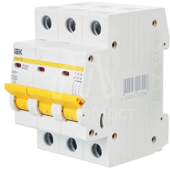 Выключатель автоматический модульный 3п D 32А 4.5кА ВА47-29 IEK MVA20-3-032-D