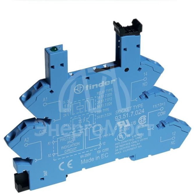 Розетка с безвинт. клеммами (пружинный зажим) для реле 34 серии 24В DC в комплекте пластик. клипса опции: LED FINDER 93517024
