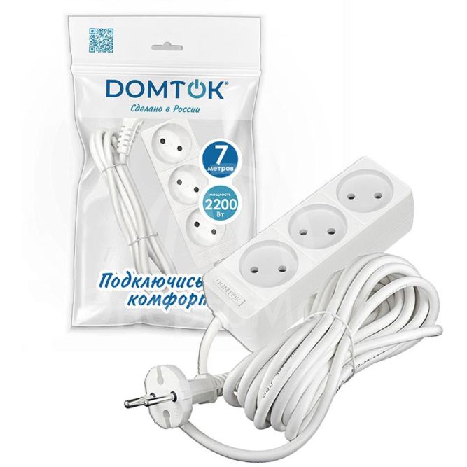 Удлинитель 3х7м без заземл. 10А IP20 2.2кВт ПВС 2х1 бел. DOMTOK 2353