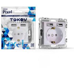 Розетка 1-м СП Pixel IP20 с заземл. с 2-мя заряд. устр. USB тип A+A механизм перламутр. TOKOV ELECTRIC TKE-PX-R1U2A-C04