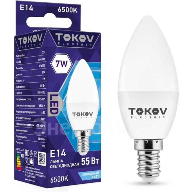 Лампа светодиодная 7Вт С37 6500К Е14 176-264В TOKOV ELECTRIC TKE-C37-E14-7-6.5K