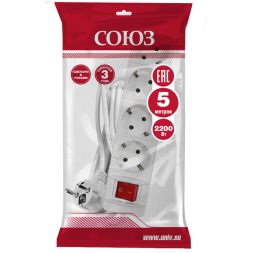 Удлинитель 4х5м с заземл. 10А IP20 2.2кВт ПВС 3х1 с выкл. бел. Союз 2791