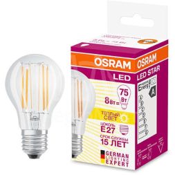 Лампа светодиодная филаментная LED STAR CLASSIC A 75 8W/827 8Вт грушевидная 2700К тепл. бел. E27 1055лм 220-240В прозр. стекл. OSRAM 4058075055339