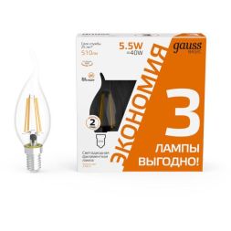 Лампа светодиодная филаментная Basic Filament 5.5Вт свеча на ветру 2700К Е14 510лм (уп.3шт) GAUSS 1041116T