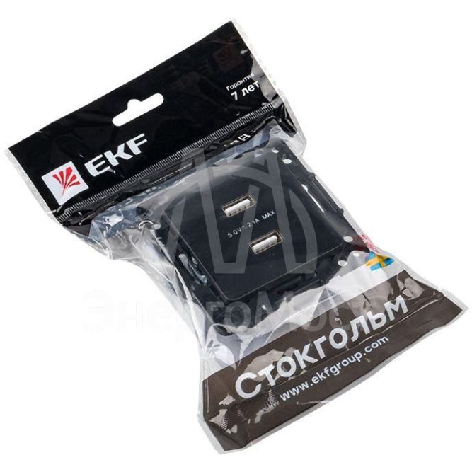 Механизм розетки USB 2-м Стокгольм 2.1А черн. PROxima EKF EZR16-028-10-2USB