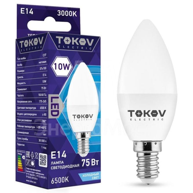 Лампа светодиодная 10Вт С37 6500К Е14 176-264В TOKOV ELECTRIC TKE-C37-E14-10-6.5K