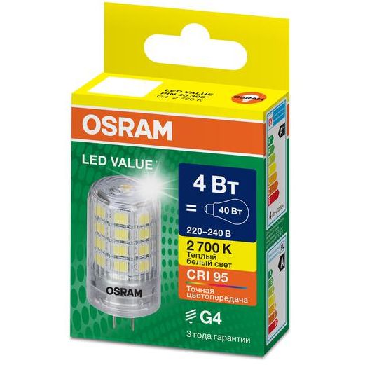 Лампа светодиодная LED G4 Value LVPIN40 4W/927 CRI95 4Вт 2700К 560лм капсульная прозр. G4 220-240В OSRAM 4610590510283
