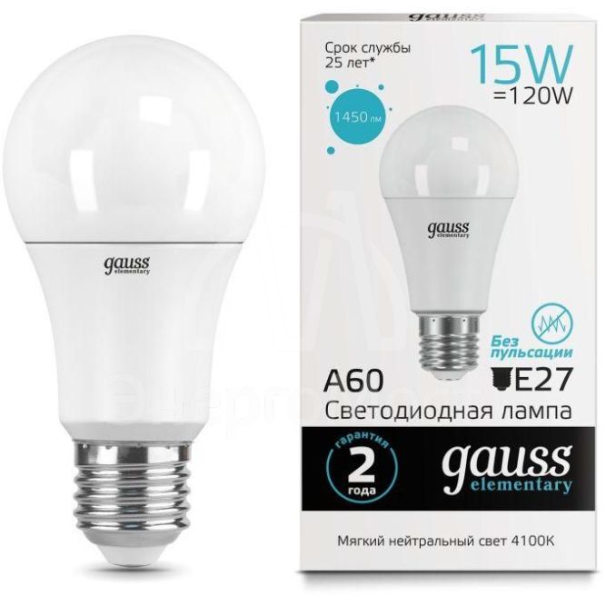 Лампа светодиодная Elementary A60 15Вт грушевидная 4100К бел. E27 1450лм 180-240В Gauss 23225