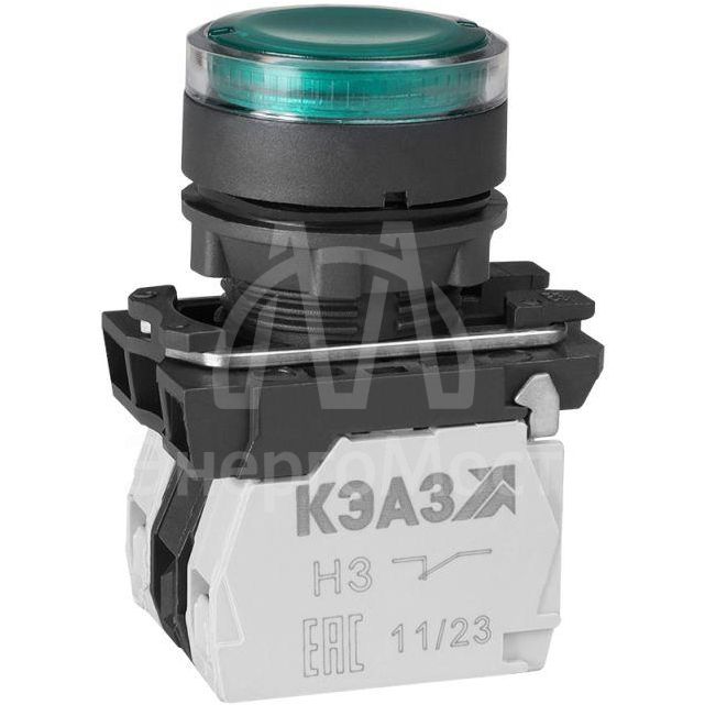 Кнопка КМЕ4511мЛ-220В-зеленый-1но+1нз-цилиндр-индикатор-IP54 КЭАЗ 309579
