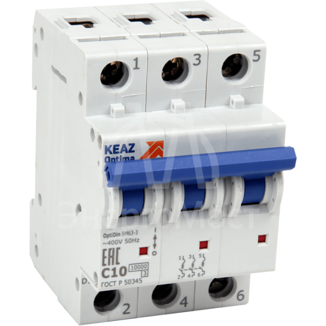 Выключатель автоматический модульный 3п D 20А 10кА OptiDin BM63-3D20-10-УХЛ3 КЭАЗ 262781
