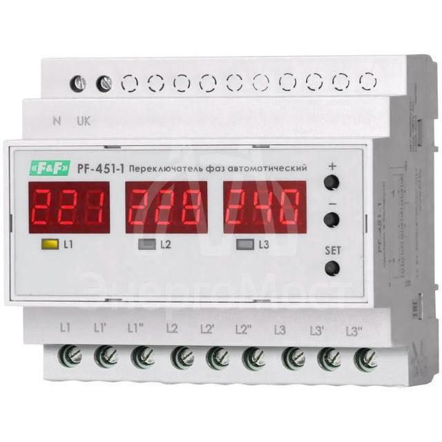 Переключатель фаз автоматический PF-451-1 (2 режима работы: с или без приоритетной фазы. Порог переключения: нижний 140-210В; верхний 240-300В; 3х63А монтаж на DIN-рейке) F&amp;amp;F EA04.005.005