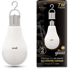 Лампа светодиодная Black 7Вт A60 3000К тепл. бел. E27 450лм Li-Ion аккум. GAUSS 102402107