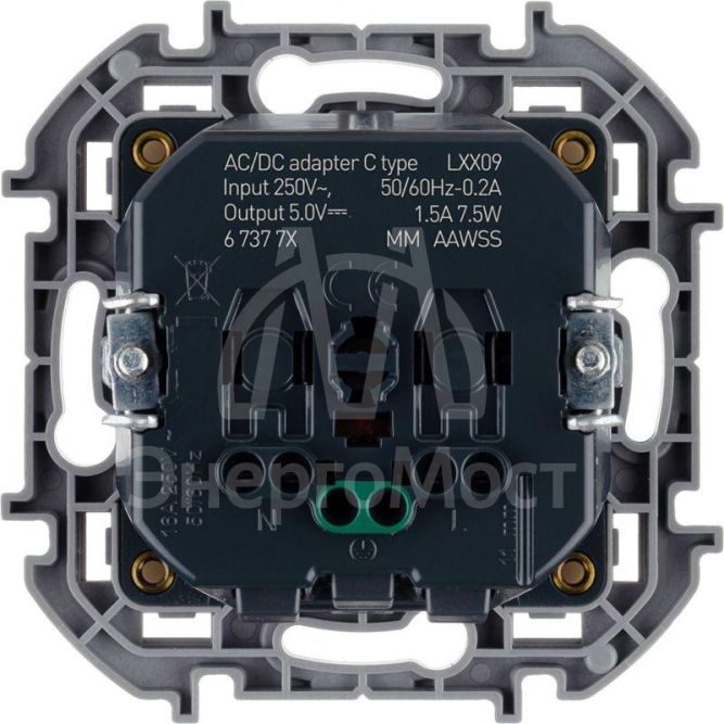 Розетка 1-м СП Inspiria 16А IP20 250В 2P+E немецк. стандарт со встроен. зарядным устройством USB C 1.5А 5В сл. кость Leg 673771