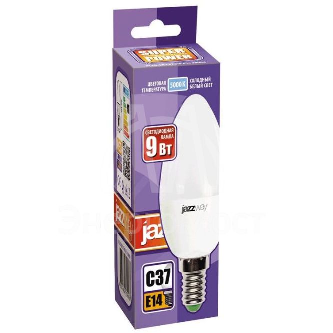 Лампа светодиодная PLED-SP C37 9Вт свеча 5000К холод. бел. E14 820лм 230В JazzWay 2859488A