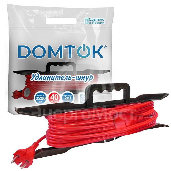 Удлинитель-шнур на рамке 1х40м без заземл. 10А IP20 2.2кВт ПВС 2х1 DOMTOK 2476