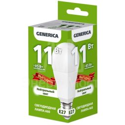 Лампа светодиодная A60 11Вт грушевидная 4000К E27 230В промо GENERICA LL-A60-11-230-40-E27-G