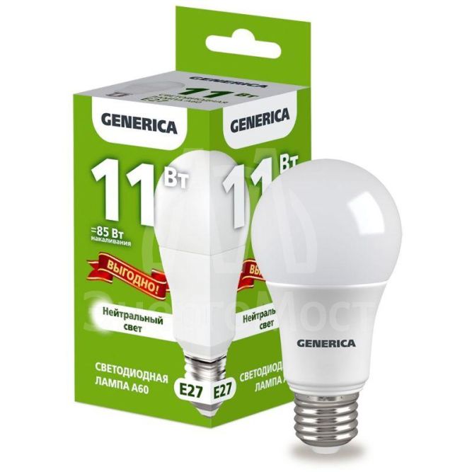 Лампа светодиодная A60 11Вт грушевидная 4000К E27 230В промо GENERICA LL-A60-11-230-40-E27-G