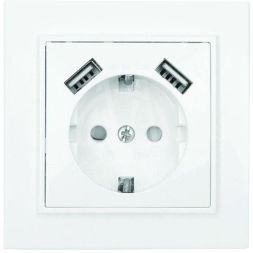 Розетка 1-м СП Минск 16А IP20 с заземл. защ. шторки с 2-мя заряд. устройствами USB 2.1А бел. EKF ERR16-028-100-2USB