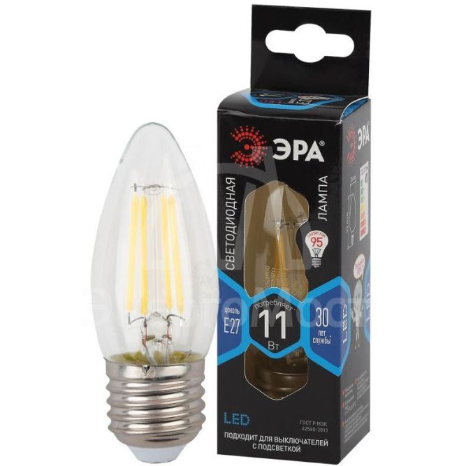 Лампа светодиодная филаментная F-LED B35-11W-840-E27 11Вт B35 свеча 4000К нейтр. бел. E27 Эра Б0046988