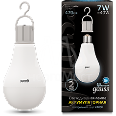 Лампа светодиодная Black 7Вт A60 4100К нейтр. бел. E27 470лм Li-Ion аккум. GAUSS 102402207