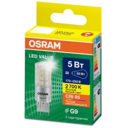 Лампа светодиодная LED G4 Value LVPIN60 5W/927 CRI95 5Вт 2700К 700лм капсульная прозр. G9 170-250В OSRAM 4610590510344