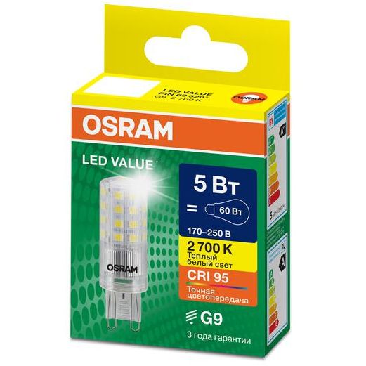 Лампа светодиодная LED G4 Value LVPIN60 5W/927 CRI95 5Вт 2700К 700лм капсульная прозр. G9 170-250В OSRAM 4610590510344